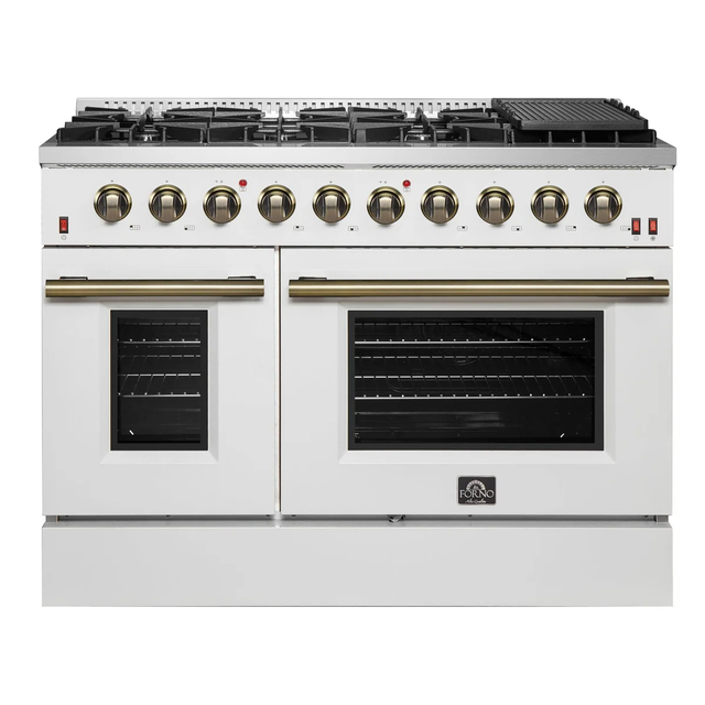 Forno Galiano 48-inch Gas Range White & Antique Brass Design, 8 Burners, 107,000 BTU, Griddle, 6.58 cu.ft. Double Ovens FFSGS6244-48WHT cover image