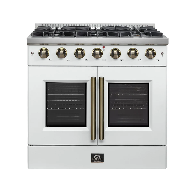 Forno Galiano 36-inch French Door Gas Range White and Antique Brass Design, 6 Sealed Burners 83,000 BTU, 5.36 cu.ft. Convection Oven FFSGS6444-36WHT cover image